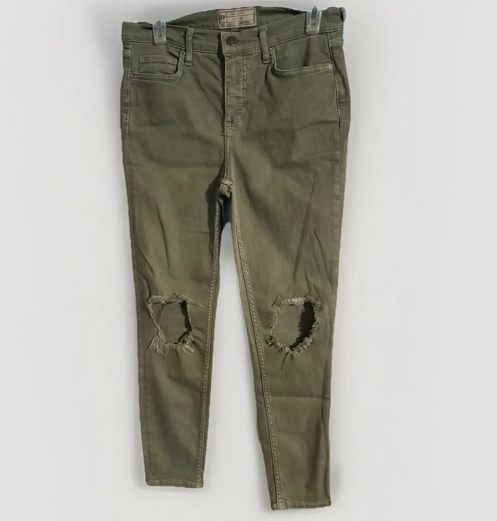 Free People 26in Women's Green Denim Skinny High Rise Distressed Button Sz 29